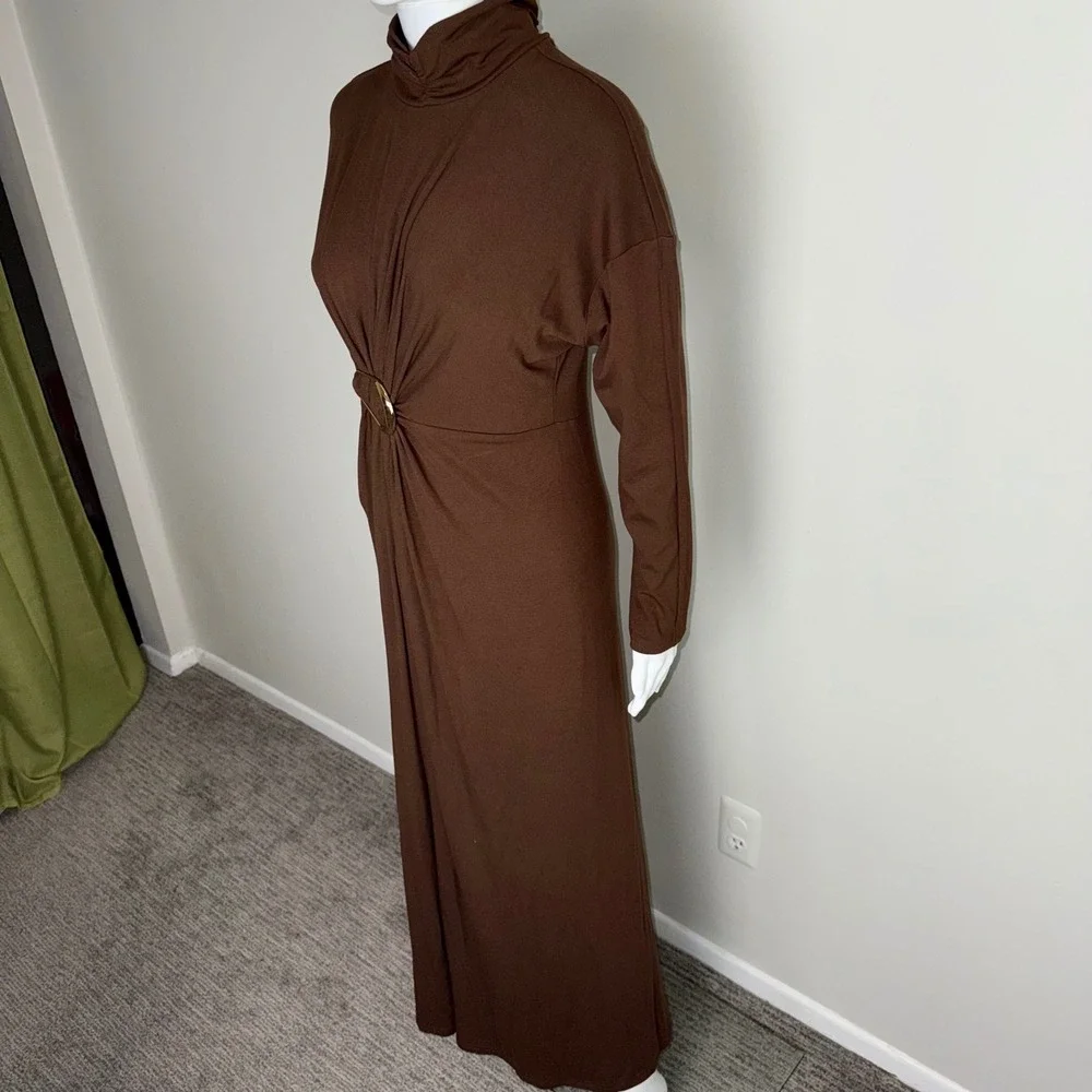 Commense Brown‎ Turtleneck Maxi Dress with Gold Ring Detail Long Sleeve Size M